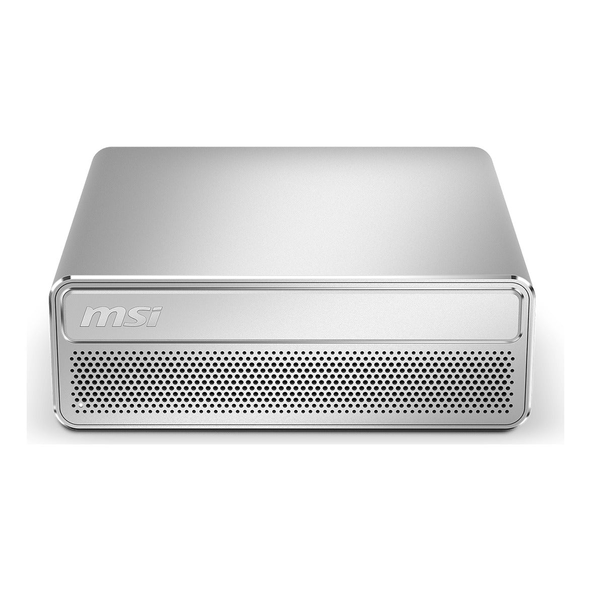 MSI EdgeMesa N AI+ Mini PC with NVIDIA RTX Spark, silver aluminium chassis, front view showing the perforated intake grille