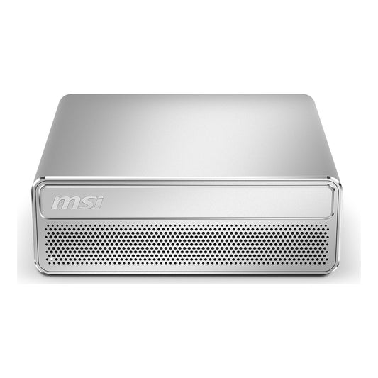MSI EdgeMesa N AI+ Mini PC with NVIDIA RTX Spark, silver aluminium chassis, front view showing the perforated intake grille
