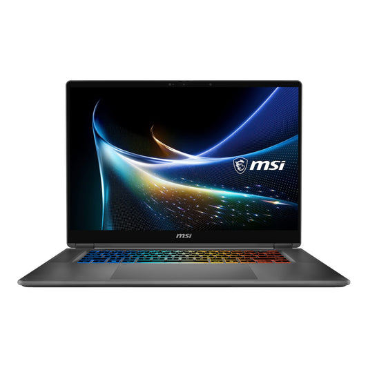 MSI Prestige N16 Flip AI+ NVIDIA RTX Spark 2-in-1 laptop, front view with RGB backlit keyboard